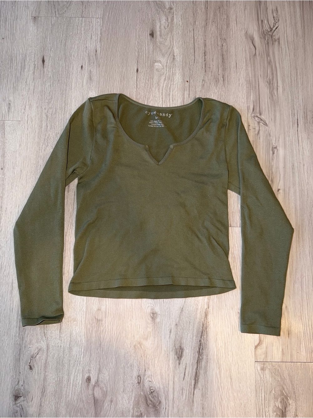Eye Candy Olive Green Notch-Neck Long Sleeve Tee